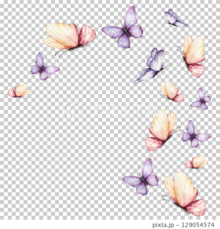 Frame with beautiful colorful butterflies. Watercolor hand drawn logo, template, insect clipart isolated on background. Botanical and wedding illustration. Baby shower design elements. Party 129054574