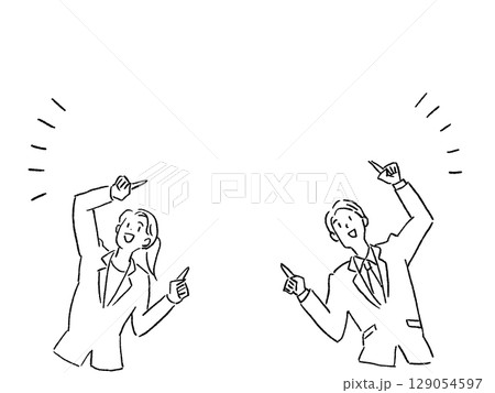 上を指差す若いスーツの男性と女性の上半身、線画 129054597