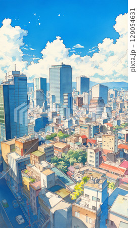 遠くまで続く街と空をやさしく描いた手描きの風景画。晴れ渡る青空と穏やかな都市の時間が感じられる 129054631