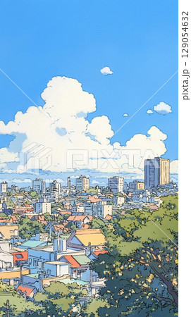 遠くまで続く街と空をやさしく描いた手描きの風景画。晴れ渡る青空と穏やかな都市の時間が感じられる 129054632