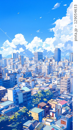 遠くまで続く街と空をやさしく描いた手描きの風景画。晴れ渡る青空と穏やかな都市の時間が感じられる 129054633
