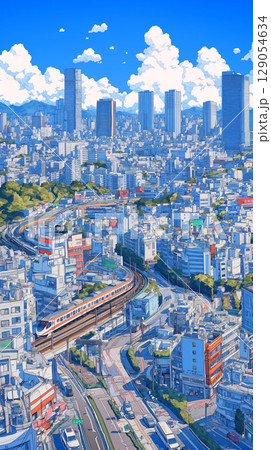 遠くまで続く街と空をやさしく描いた手描きの風景画。晴れ渡る青空と穏やかな都市の時間が感じられる 129054634