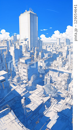 手描きで丁寧に描かれた街のパノラマと澄み切った青空が印象的なイラスト。都市の静けさと自然の壮大さ 129054641