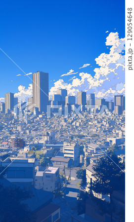 青く広がる空が街を包み込むように描かれた手描きの風景イラスト。都市のスカイラインと透明感のある空 129054648