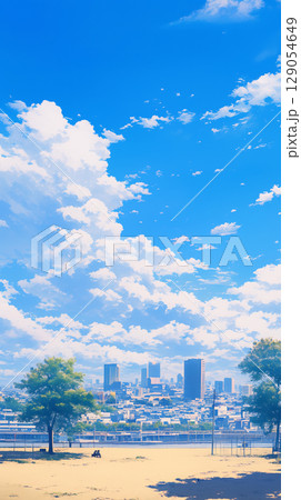 青く広がる空が街を包み込むように描かれた手描きの風景イラスト。都市のスカイラインと透明感のある空 129054649