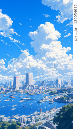 青く広がる空が街を包み込むように描かれた手描きの風景イラスト。都市のスカイラインと透明感のある空 129054650