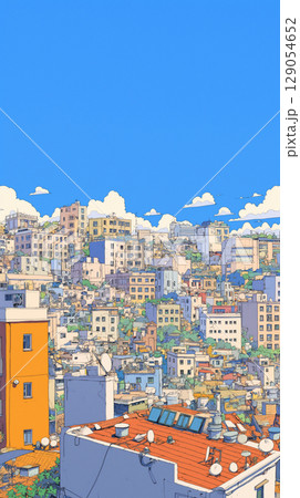 青く広がる空が街を包み込むように描かれた手描きの風景イラスト。都市のスカイラインと透明感のある空 129054652