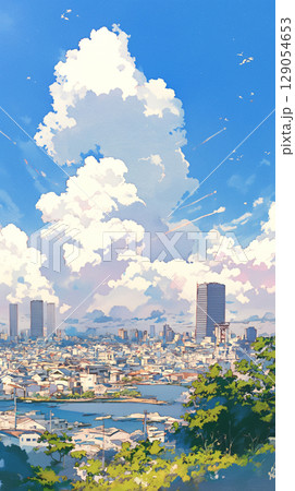 手描きで丁寧に描かれた街のパノラマと澄み切った青空が印象的なイラスト。都市の静けさと自然の壮大さ 129054653