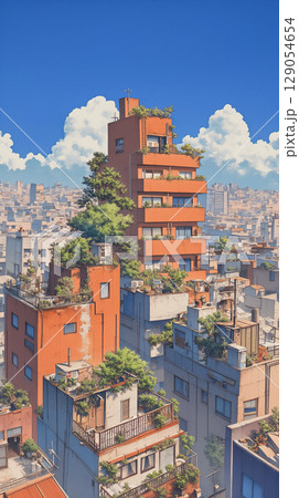 手描きで丁寧に描かれた街のパノラマと澄み切った青空が印象的なイラスト。都市の静けさと自然の壮大さ 129054654