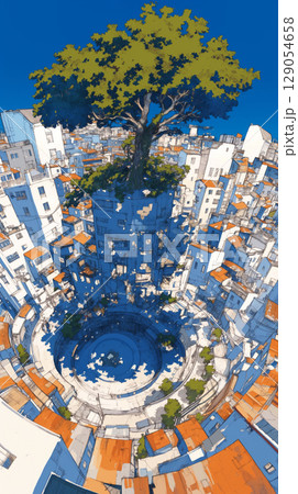 手描きで丁寧に描かれた街のパノラマと澄み切った青空が印象的なイラスト。都市の静けさと自然の壮大さ 129054658