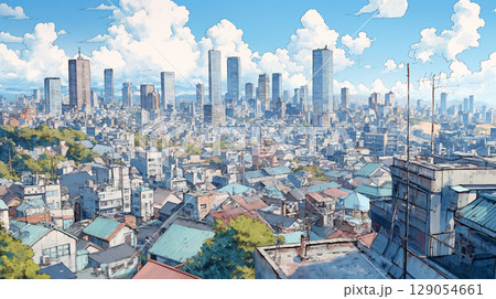 パノラマ風に広がる都市と青空が調和した手描きイラスト。やわらかなタッチと爽快な色彩 129054661