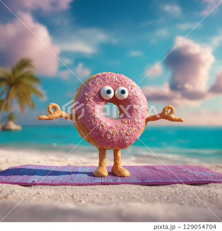 Colorful donut character practicing yoga on a beach during sunny daylight by the ocean 129054704