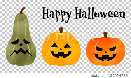 水彩で描いたハロウィンのかぼちゃセット 水彩で描いたハロウィンのかぼちゃセット 129054786