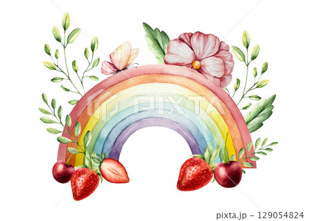 Watercolor hand drawn rainbow magical clipart with Spring flowers and branches with leaves. Watercolor berry, strawberry, cherry, gerbera, chamomile, echinacea isolated on background, cartoon 129054824