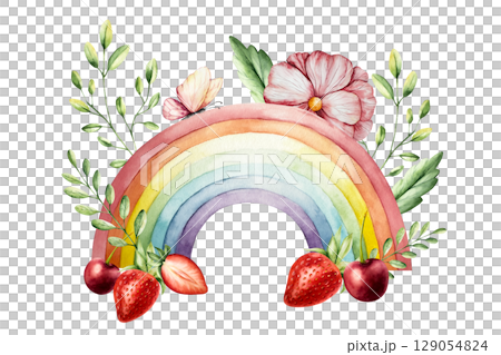Watercolor hand drawn rainbow magical clipart with Spring flowers and branches with leaves. Watercolor berry, strawberry, cherry, gerbera, chamomile, echinacea isolated on background, cartoon 129054824