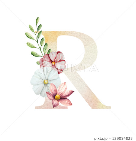 Watercolor letter R with floral ornament and soft foliage, gerbera, chamomile, echinacea. Delicate hand drawn alphabet, butterfly and botanical elements in elegant. Transparent PNG, perfect for 129054825