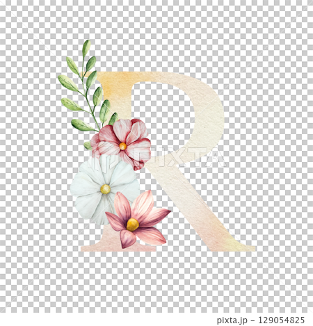 Watercolor letter R with floral ornament and soft foliage, gerbera, chamomile, echinacea. Delicate hand drawn alphabet, butterfly and botanical elements in elegant. Transparent PNG, perfect for Watercolor letter R with floral ornament and soft foliage, gerbera, chamomile, echinacea. Delicate hand drawn alphabet, butterfly and botanical elements in elegant. Transparent PNG, perfect for 129054825