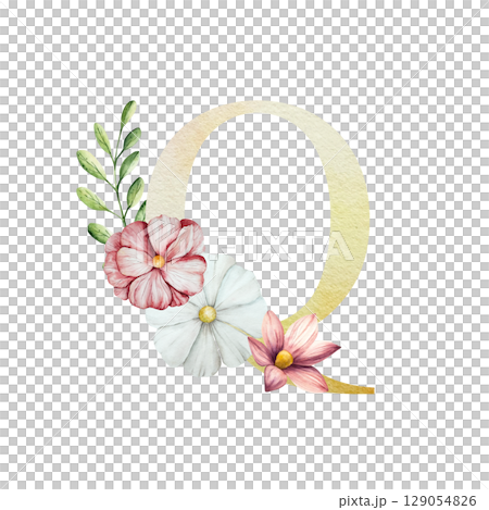 Watercolor letter P with floral ornament and soft foliage, gerbera, chamomile, echinacea. Delicate hand drawn alphabet, butterfly and botanical elements in elegant. Transparent PNG, perfect for 129054826