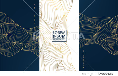 Vector set of abstract line golden japanese waves, art deco water, leaves dynamic flow pattern. Vintage banners, ocean posters, elegant premium ornament banners, cloud covers. 129054831