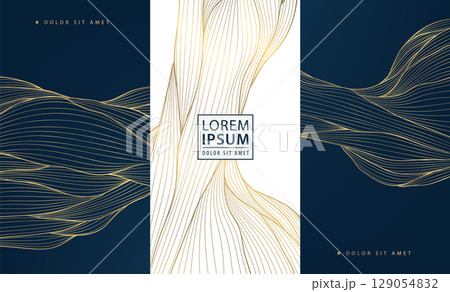 Vector set of abstract line golden japanese waves, art deco water, leaves dynamic flow pattern. Vintage banners, ocean posters, elegant premium ornament banners, cloud covers. 129054832