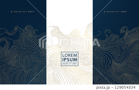 Vector set of abstract line golden japanese waves, art deco water, leaves dynamic flow pattern. Vintage banners, ocean posters, elegant premium ornament banners, cloud covers. 129054834