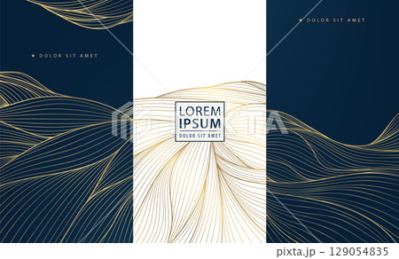 Vector set of abstract line golden japanese waves, art deco water, leaves dynamic flow pattern. Vintage banners, ocean posters, elegant premium ornament banners, cloud covers. 129054835