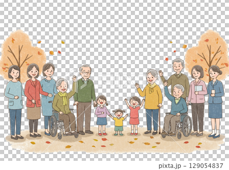 介護施設の秋のイベント　シニアとスタッフと子供たちの集合イラスト（背景透過） 129054837