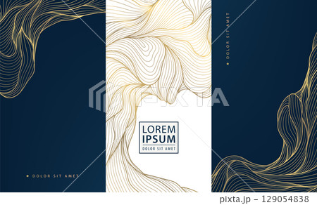 Vector set of abstract line golden japanese waves, art deco water, leaves dynamic flow pattern. Vintage banners, ocean posters, elegant premium ornament banners, cloud covers. 129054838