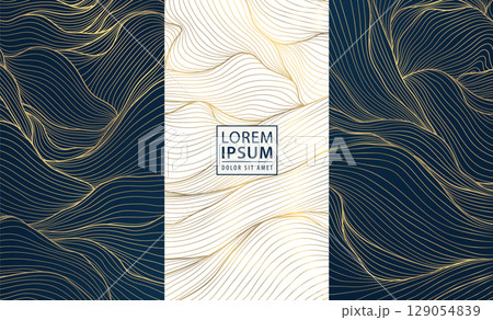 Vector set of abstract line golden japanese waves, art deco water, leaves dynamic flow pattern. Vintage banners, ocean posters, elegant premium ornament banners, cloud covers. 129054839