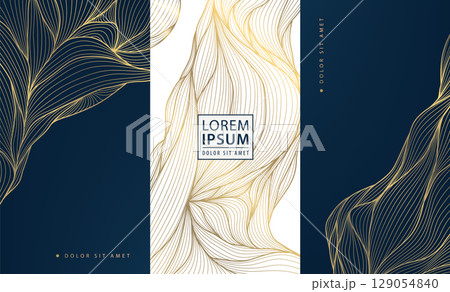 Vector set of abstract line golden japanese waves, art deco water, leaves dynamic flow pattern. Vintage banners, ocean posters, elegant premium ornament banners, cloud covers. 129054840