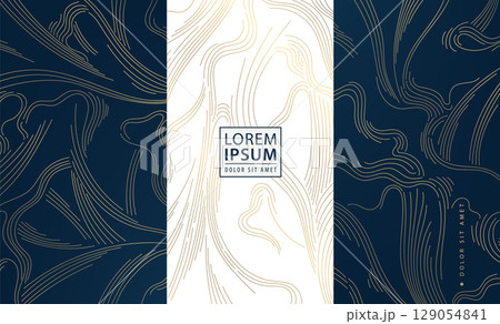 Vector set of abstract line golden japanese waves, art deco water, leaves dynamic flow pattern. Vintage banners, ocean posters, elegant premium ornament banners, cloud covers. 129054841