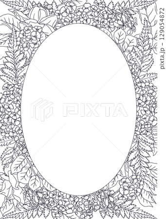 Beautiful hand drawn line art black and white rose flowers and leaves vertical oval frame 129054872