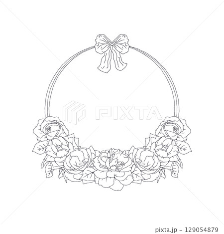 Hand drawn line art black and white rose flowers round frame. Vintage romantic monochrome floral wreath 129054879