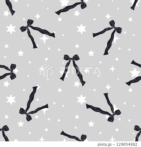 Seamless pattern with cute hand drawn fancy pink bow knots. Pretty retro coquettes wallpaper. Vintage romantic repeat background for wedding, birthday or Valentines decoration 129054882