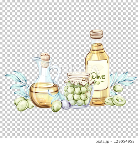 Olives and olive oil illustrated in a beautiful watercolor style showcasing the essence of Italian cuisine and nature Olives and olive oil illustrated in a beautiful watercolor style showcasing the essence of Italian cuisine and nature 129054958