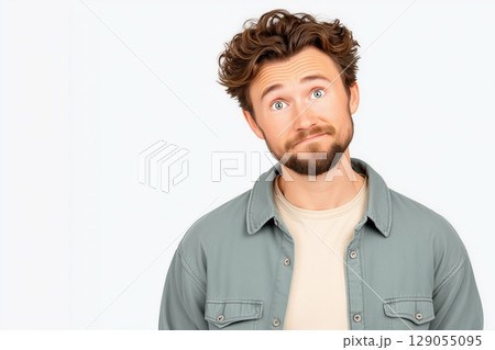 A youthful person wearing a casual light gray shirt and a beige t-shirt A youthful person wearing a casual light gray shirt and a beige t-shirt 129055095