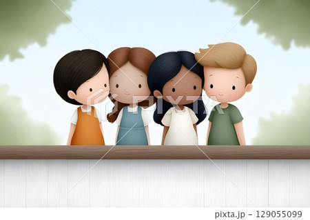 Charming illustration of four diverse children standing together outdoors. Charming illustration of four diverse children standing together outdoors. 129055099