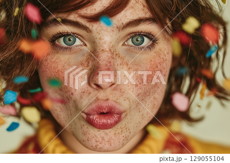 Vibrant image showcasing curly hair adorned with colorful confetti, creating a lively 129055104