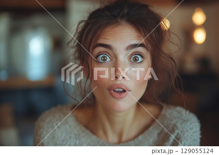 Cozy interior setting featuring warm ambient lighting and a soft-focus background 129055124