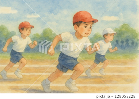 秋の運動会　全力疾走の子どもたち 129055229