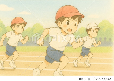 秋の運動会　全力疾走の子どもたち 129055232