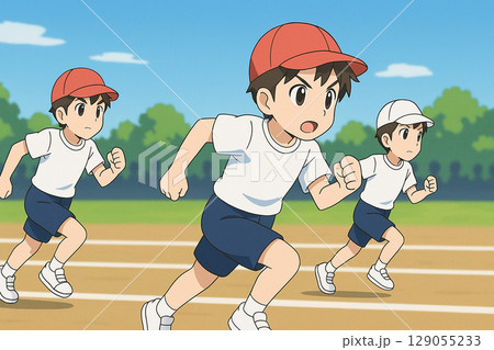 秋の運動会　全力疾走の子どもたち 129055233