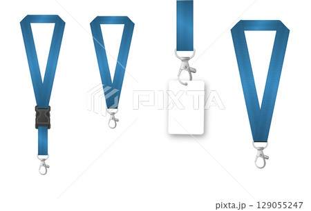 Badges Lanyard design. Identification card with ribbon. Metal closure and card with plastic. Accreditation for events congresses and companies. Vector Badges Lanyard design. Identification card with ribbon. Metal closure and card with plastic. Accreditation for events congresses and companies. Vector 129055247