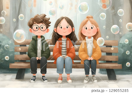 Charming illustration of three friends sitting on a bench surrounded by floating bubbles. Charming illustration of three friends sitting on a bench surrounded by floating bubbles. 129055285