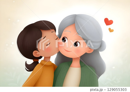 A tender illustration depicting a child kissing an elderly woman on the cheek. 129055303