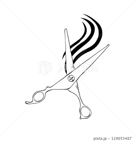 Scissors and hair sign for beauty Salon composition. Vector graphic line ink illustration. Silhouette sign for logo, print, comics, fashion, pop art, boards, design, stickers, decoration, posters Scissors and hair sign for beauty Salon composition. Vector graphic line ink illustration. Silhouette sign for logo, print, comics, fashion, pop art, boards, design, stickers, decoration, posters 129055487