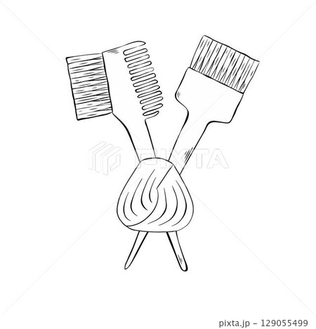 Hair coloring brush, comb and curl Salon composition. Vector graphic line ink illustration. Banner, poster, wrapping paper, sticker, print, modern textile design. 129055499