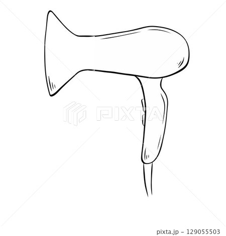 Hair dryer Salon composition. Vector graphic line ink illustration. isolated on white background. for hairdressing salon or barbershop tools illustration, hair care concept. Hair dryer Salon composition. Vector graphic line ink illustration. isolated on white background. for hairdressing salon or barbershop tools illustration, hair care concept. 129055503