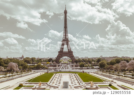The Stunning Eiffel Tower view with sky and clouds background from Trocadero view point. 129055558