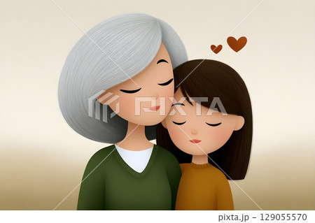 Charming illustration of a grandmother and granddaughter with hearts above them 129055570